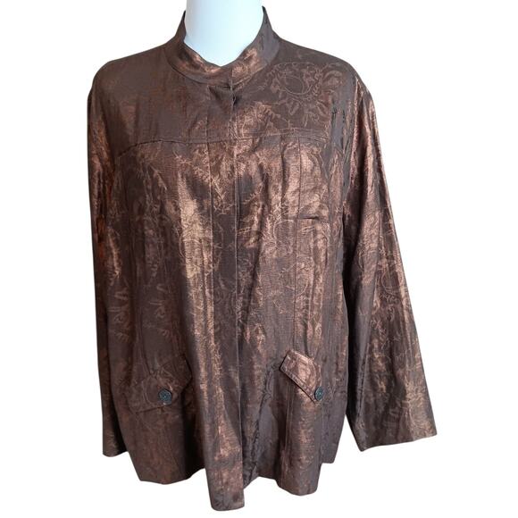 CHICO'S 3 Dressy Silk Linen Evening Jacket Blazer XL Metallic Event Brown Bronze - Picture 9 of 10